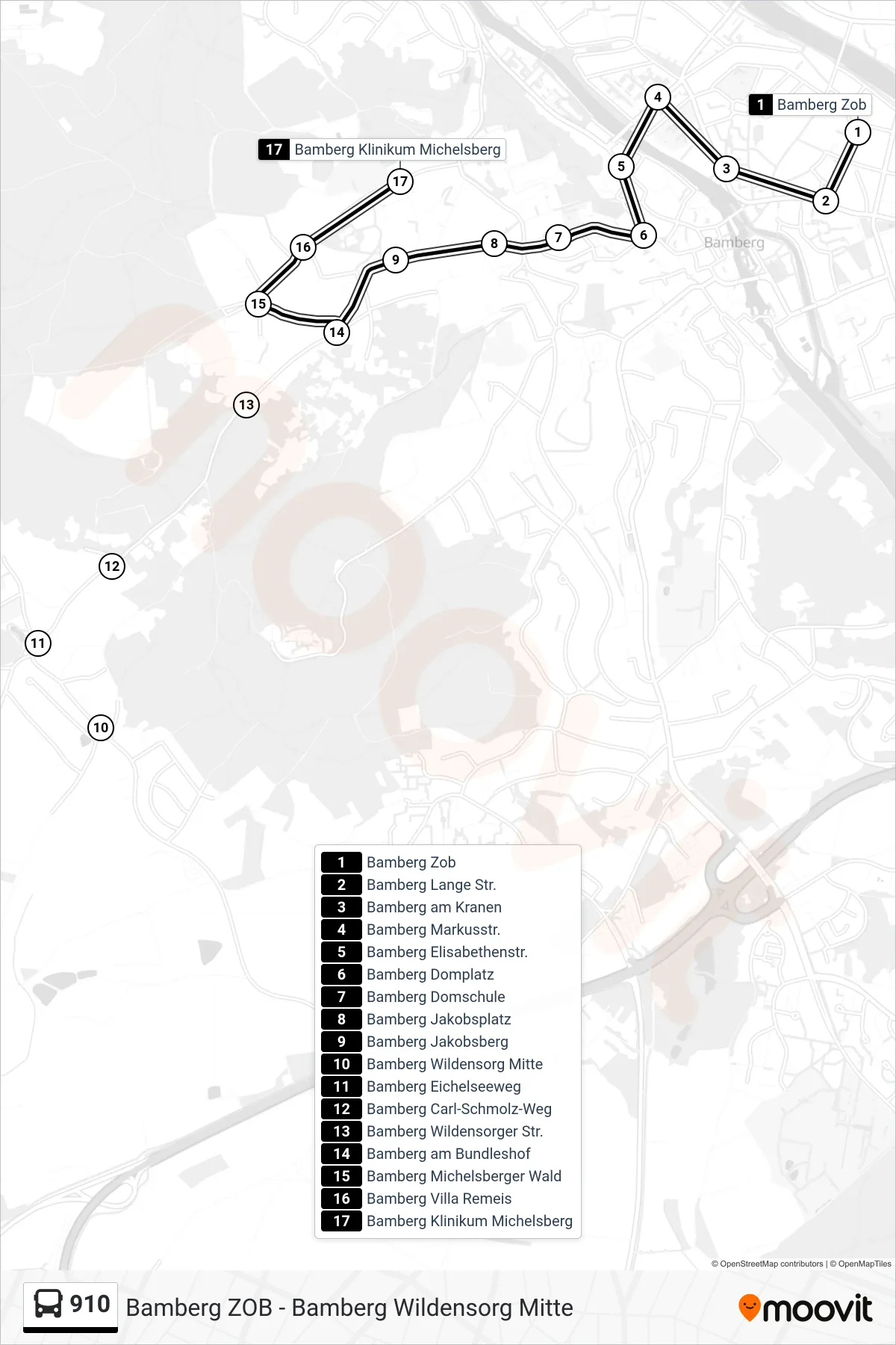 910 bus Line (Bamberg Klinikum Michelsberg) route and stops on a map