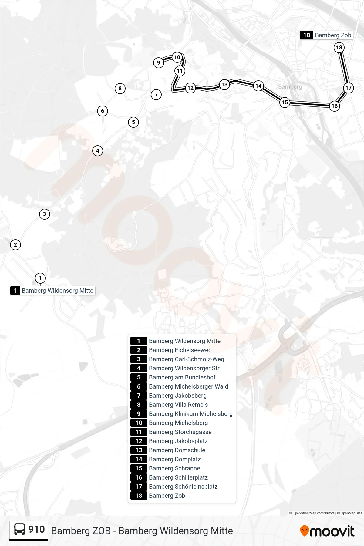 910 bus Line (Bamberg Zob) route and stops on a map