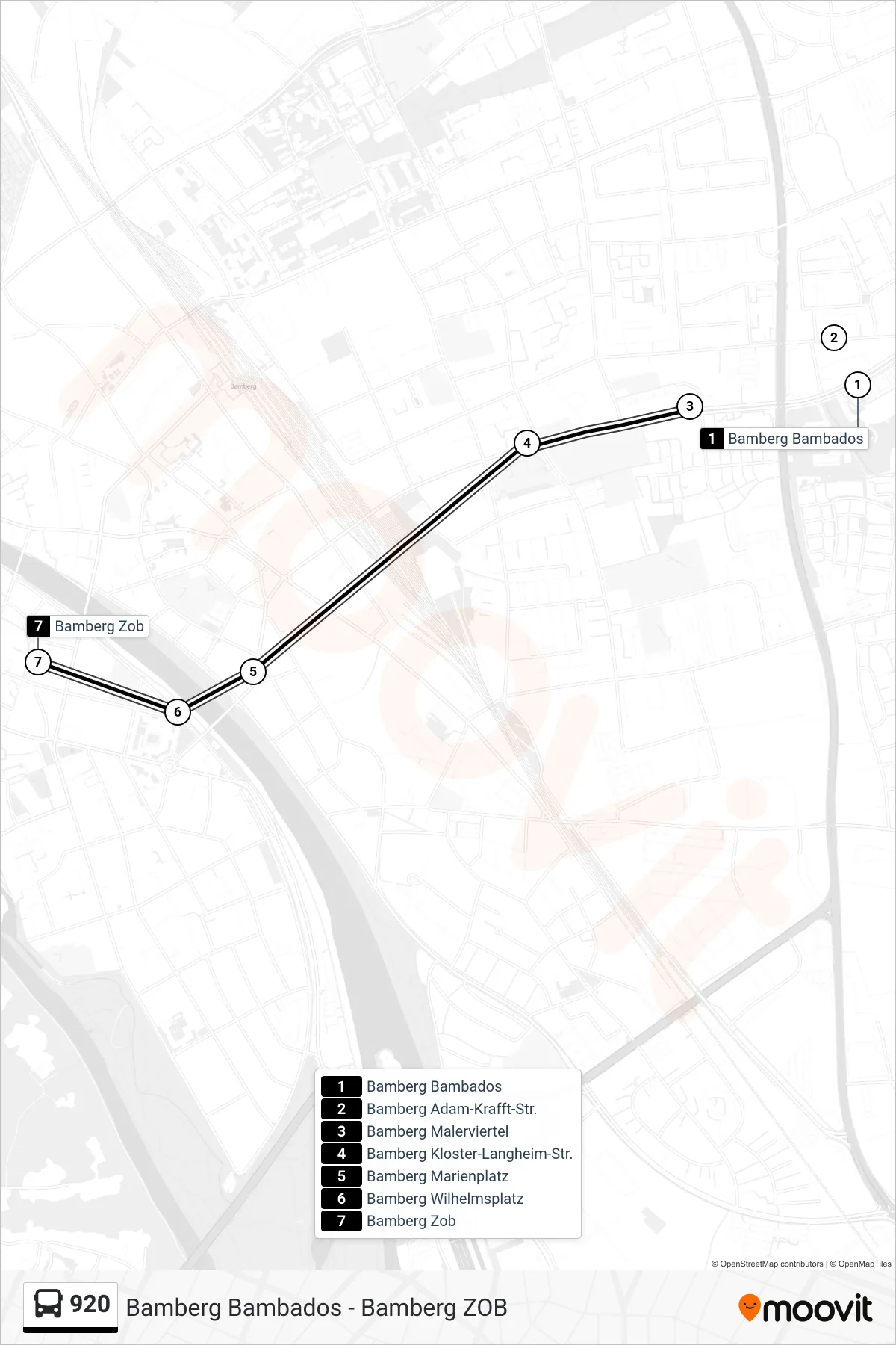 920 bus Line (Bamberg Zob) route and stops on a map