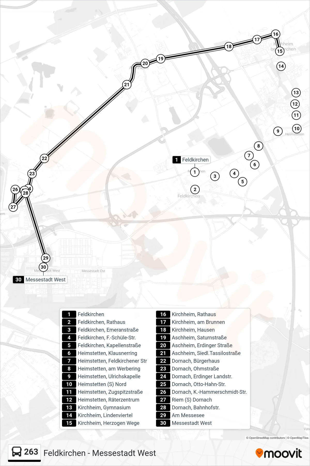263 bus Line (Messestadt West) route and stops on a map