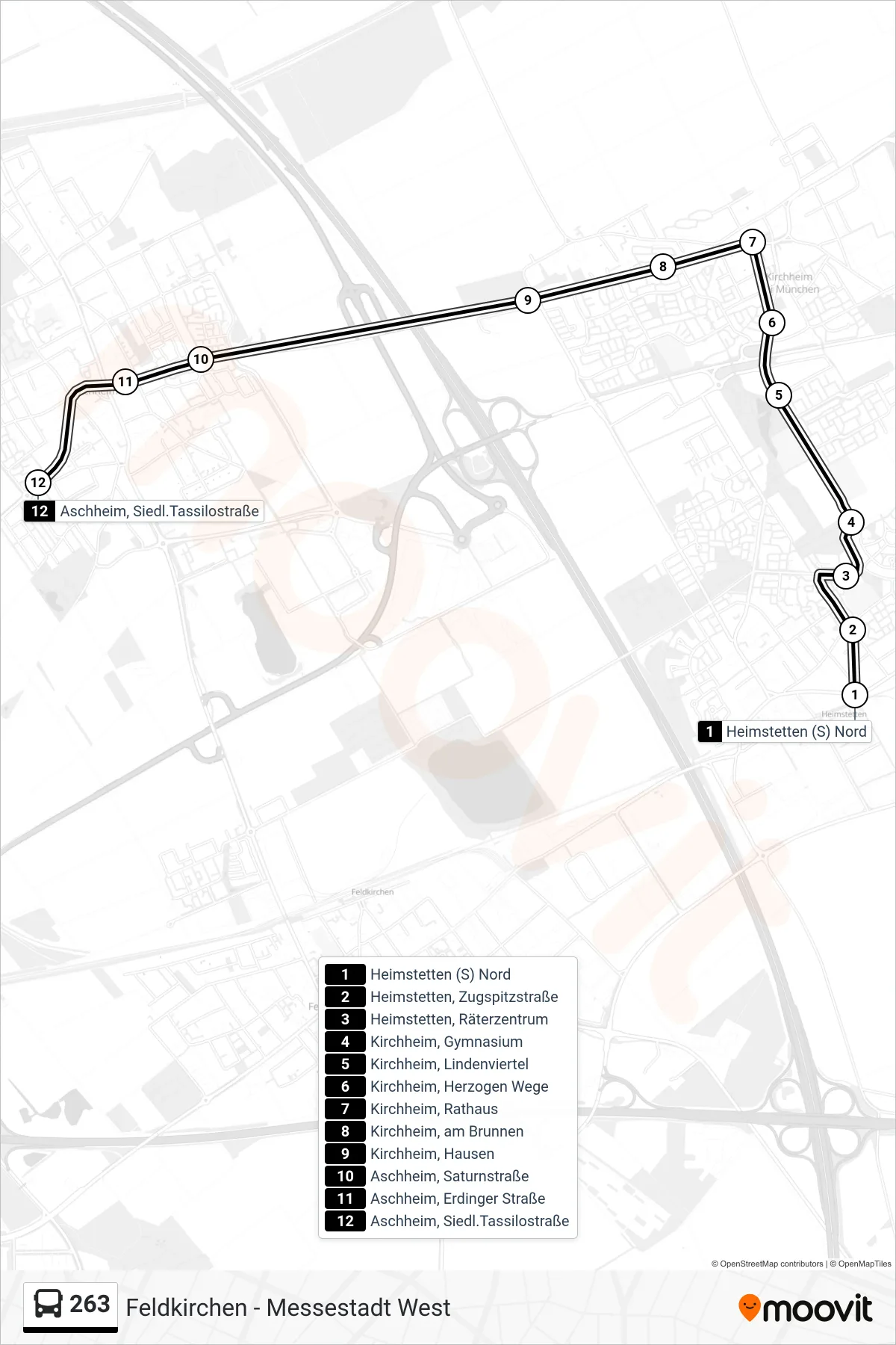 263 bus Line (Aschheim, Siedl.Tassilostraße) route and stops on a map