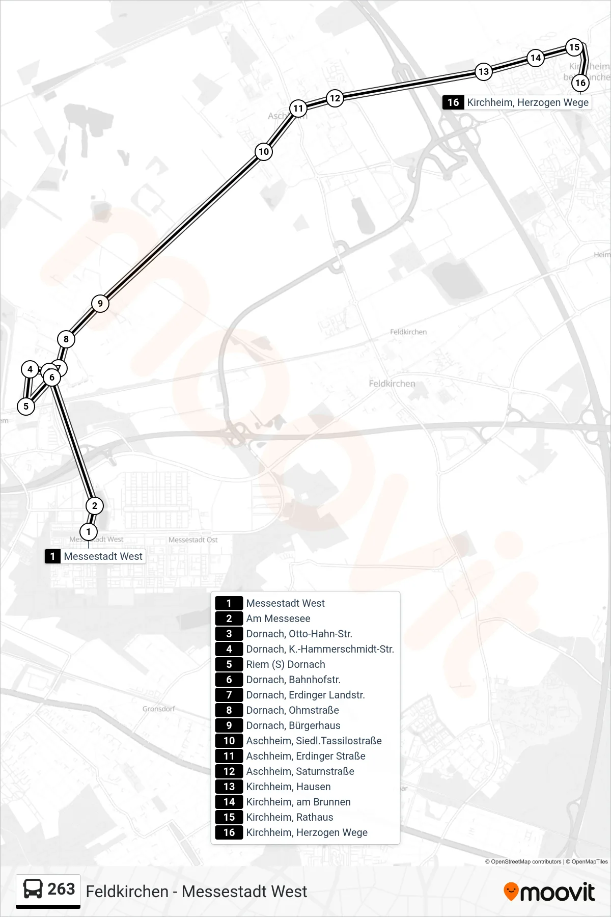 263 bus Line (Kirchheim, Herzogen Wege) route and stops on a map