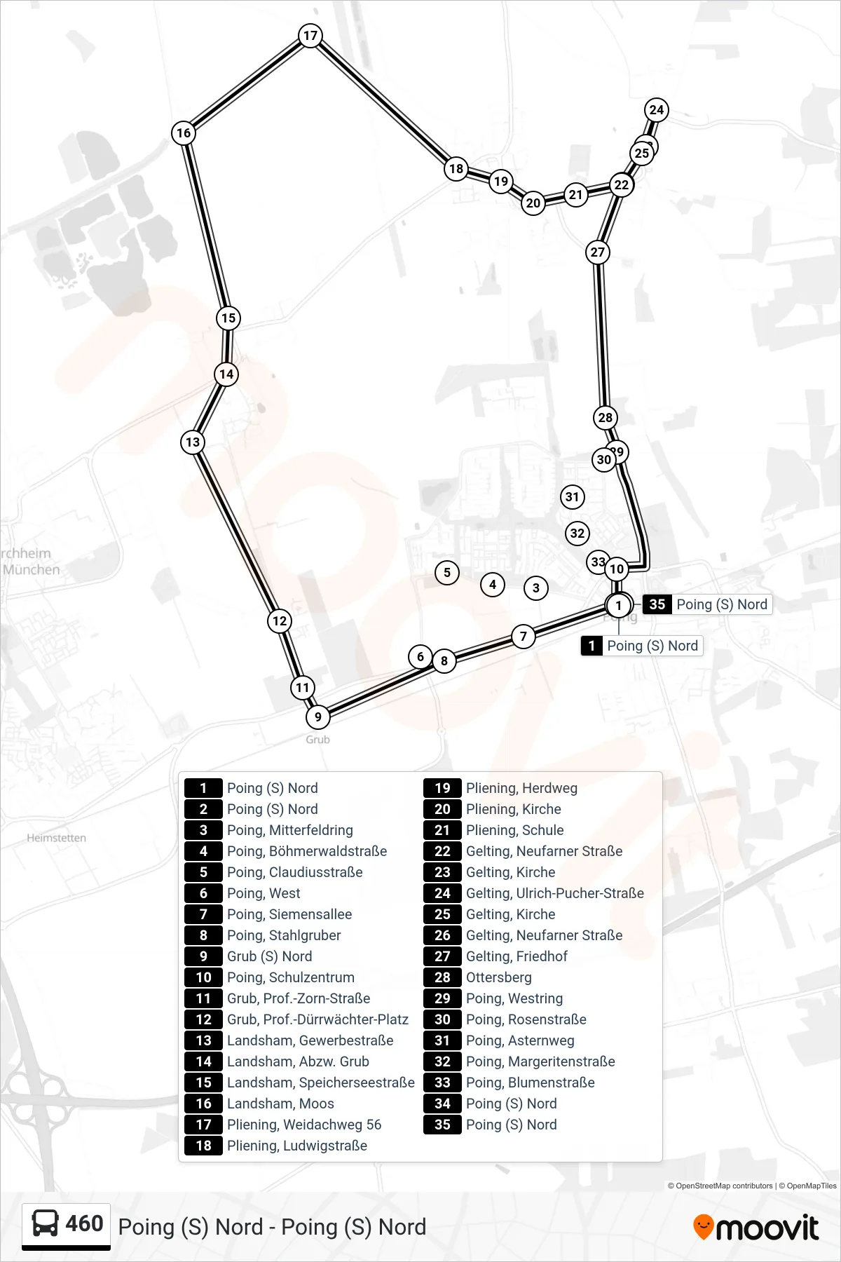460 bus Line (Poing (S) Nord) route and stops on a map