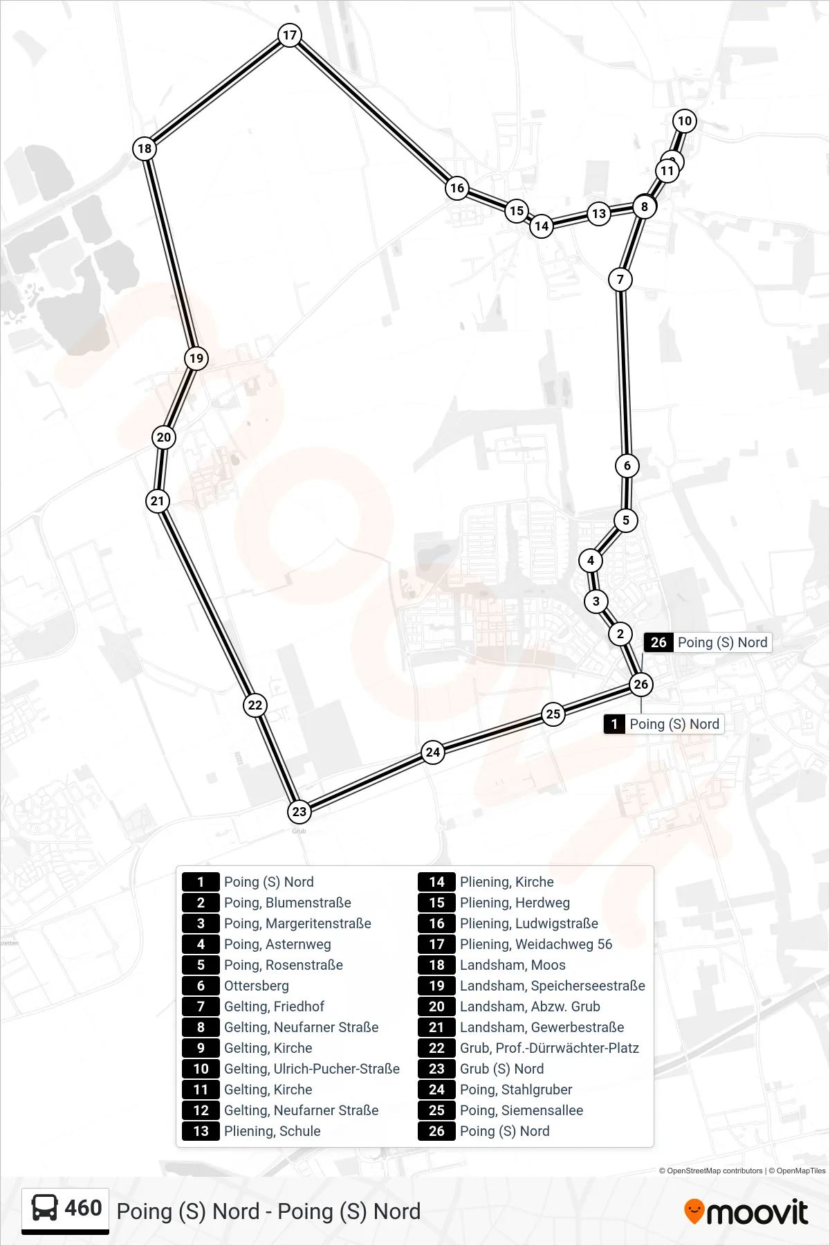 460 bus Line (Poing (S) Nord) route and stops on a map
