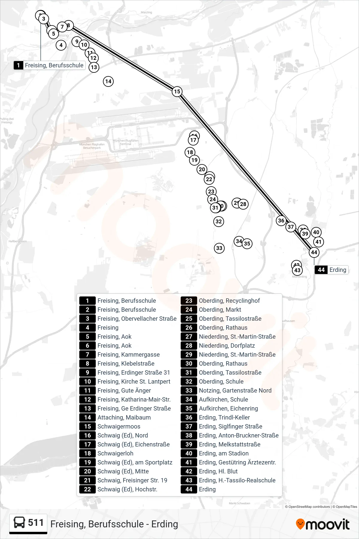 511 bus Line (Erding) route and stops on a map