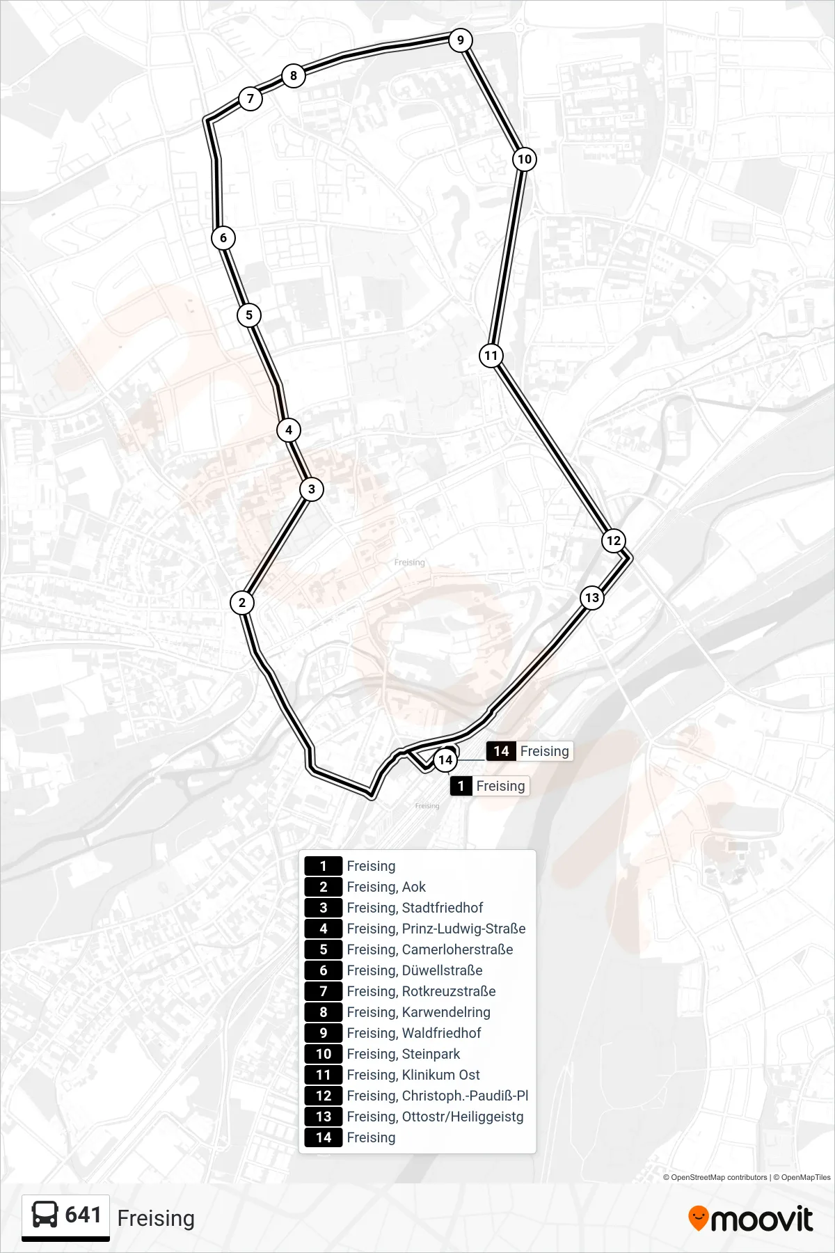 Linie 641 (Bus) Richtung Freising: Route und Haltestellen auf der Karte