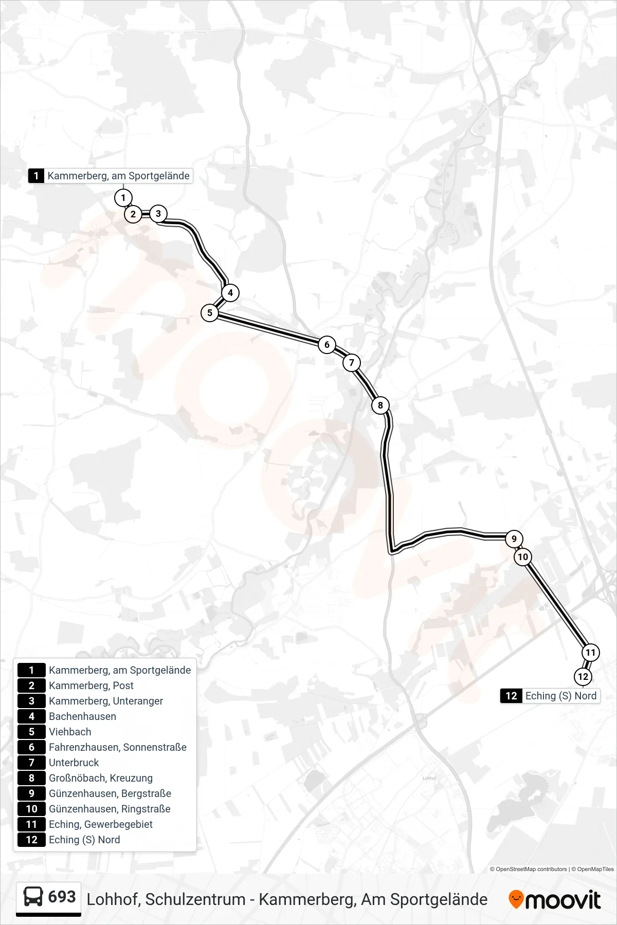 693 bus Line (Eching (S) Nord) route and stops on a map