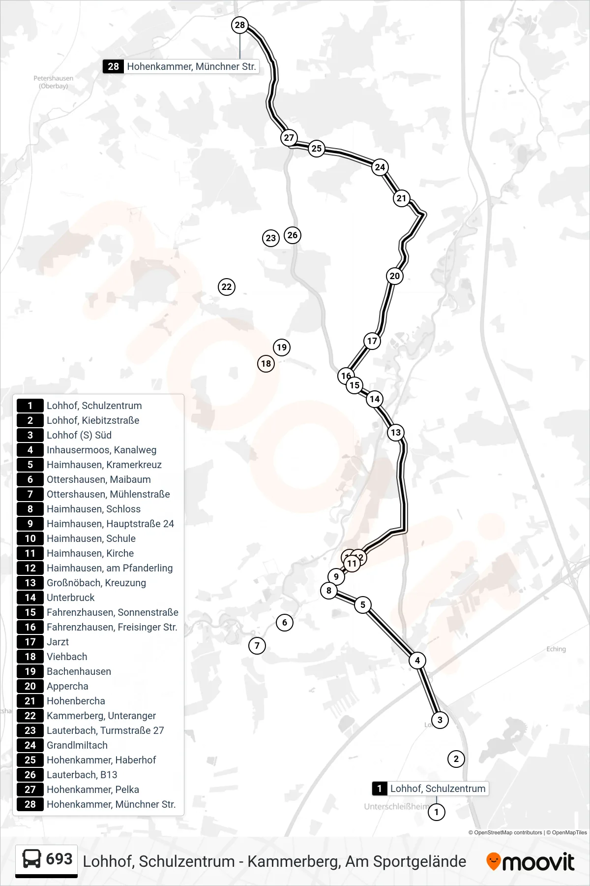 693 bus Line (Hohenkammer, Münchner Str.) route and stops on a map