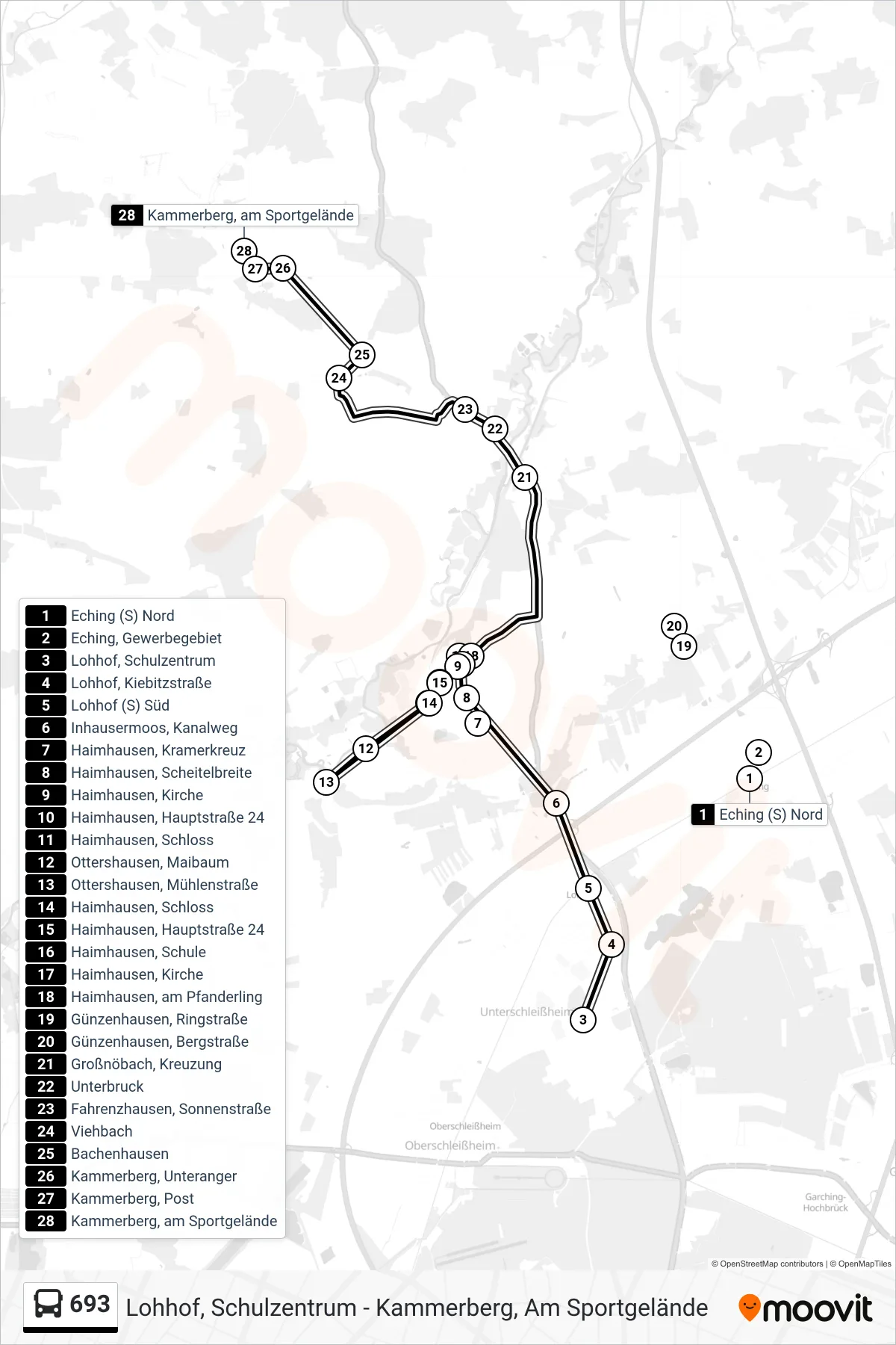 693 bus Line (Kammerberg, am Sportgelände) route and stops on a map