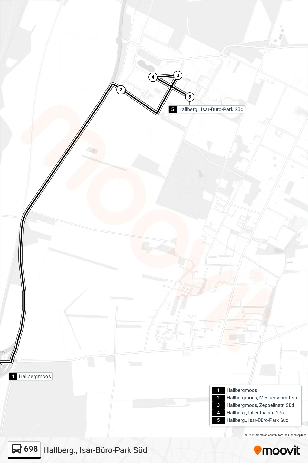 698 bus Line (Hallberg., Isar-Büro-Park Süd) route and stops on a map