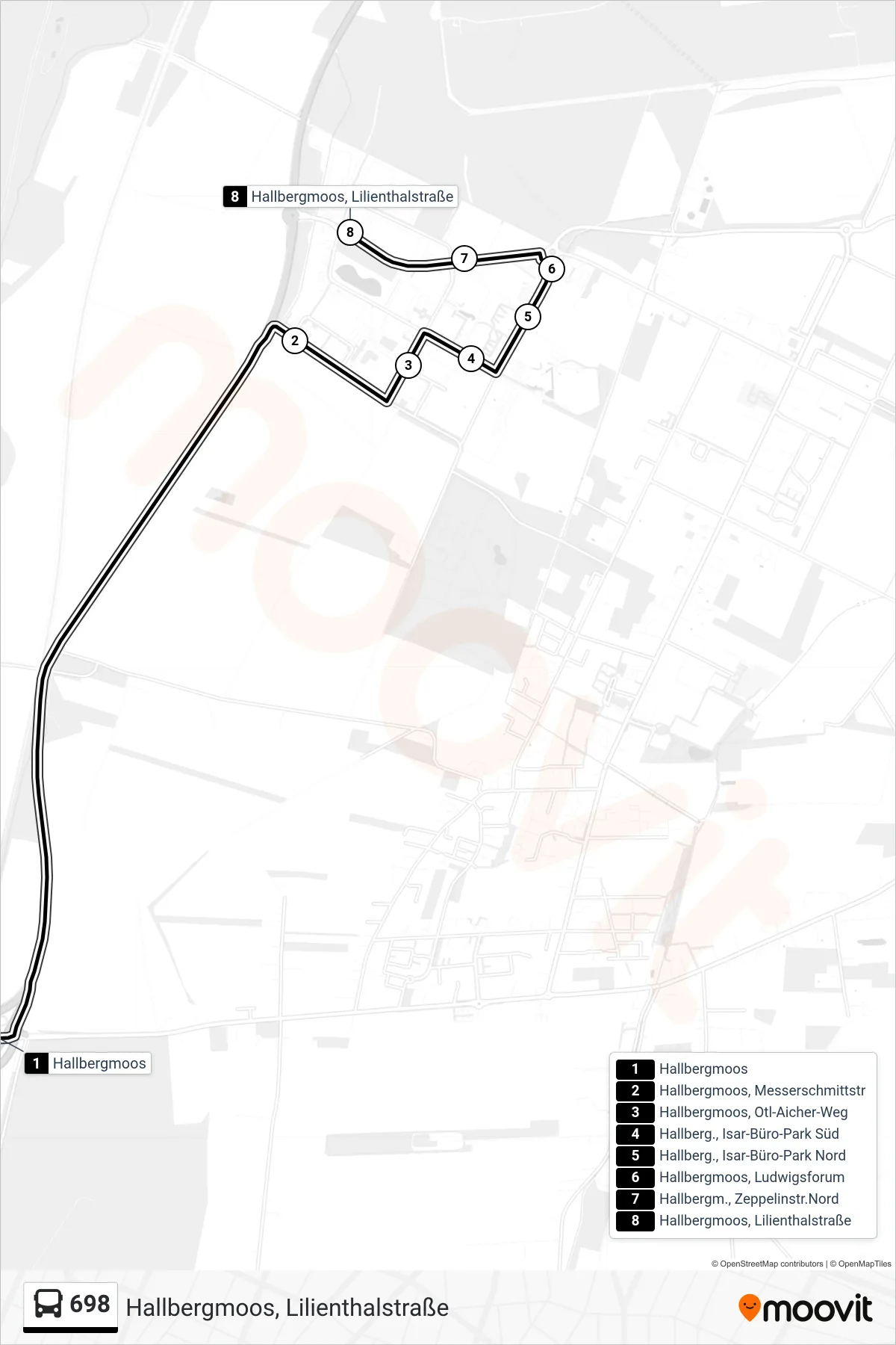 698 bus Line (Hallbergmoos, Lilienthalstraße) route and stops on a map