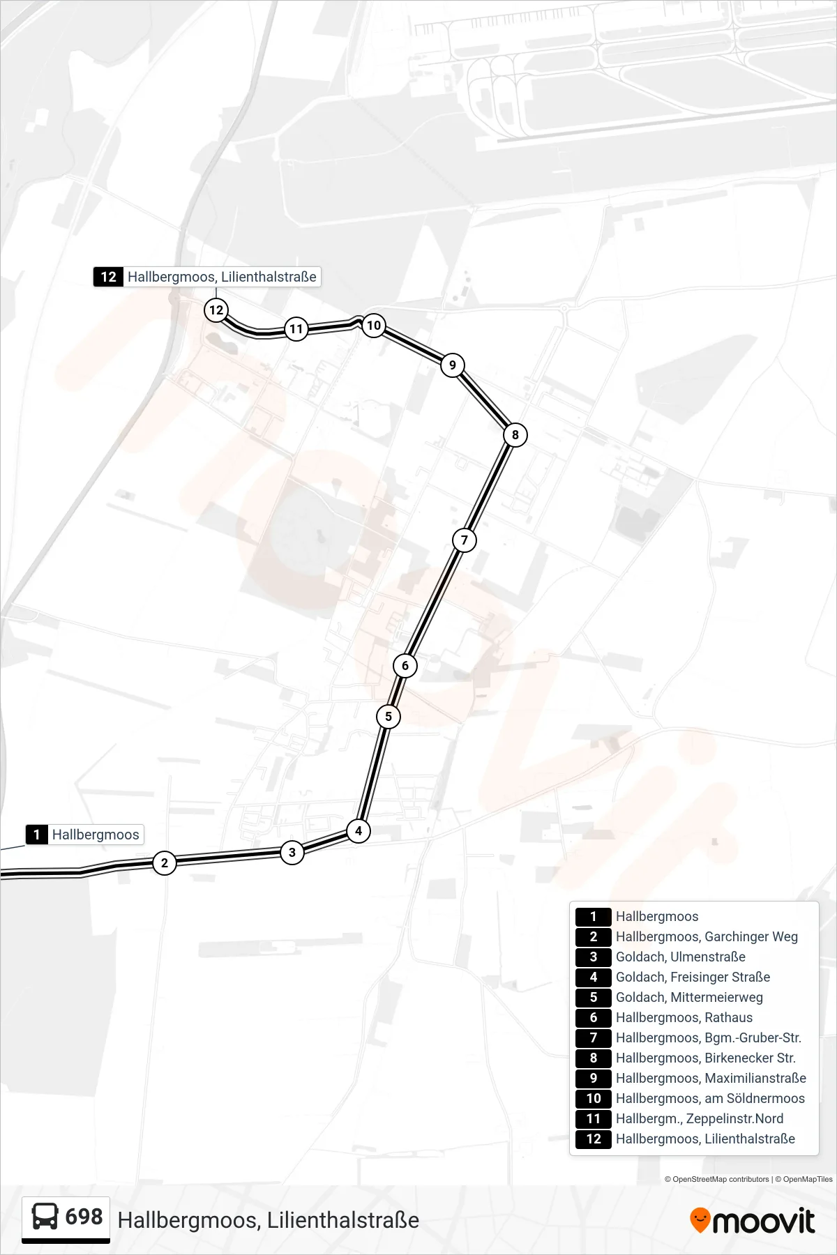 698 bus Line (Hallbergmoos, Lilienthalstraße) route and stops on a map