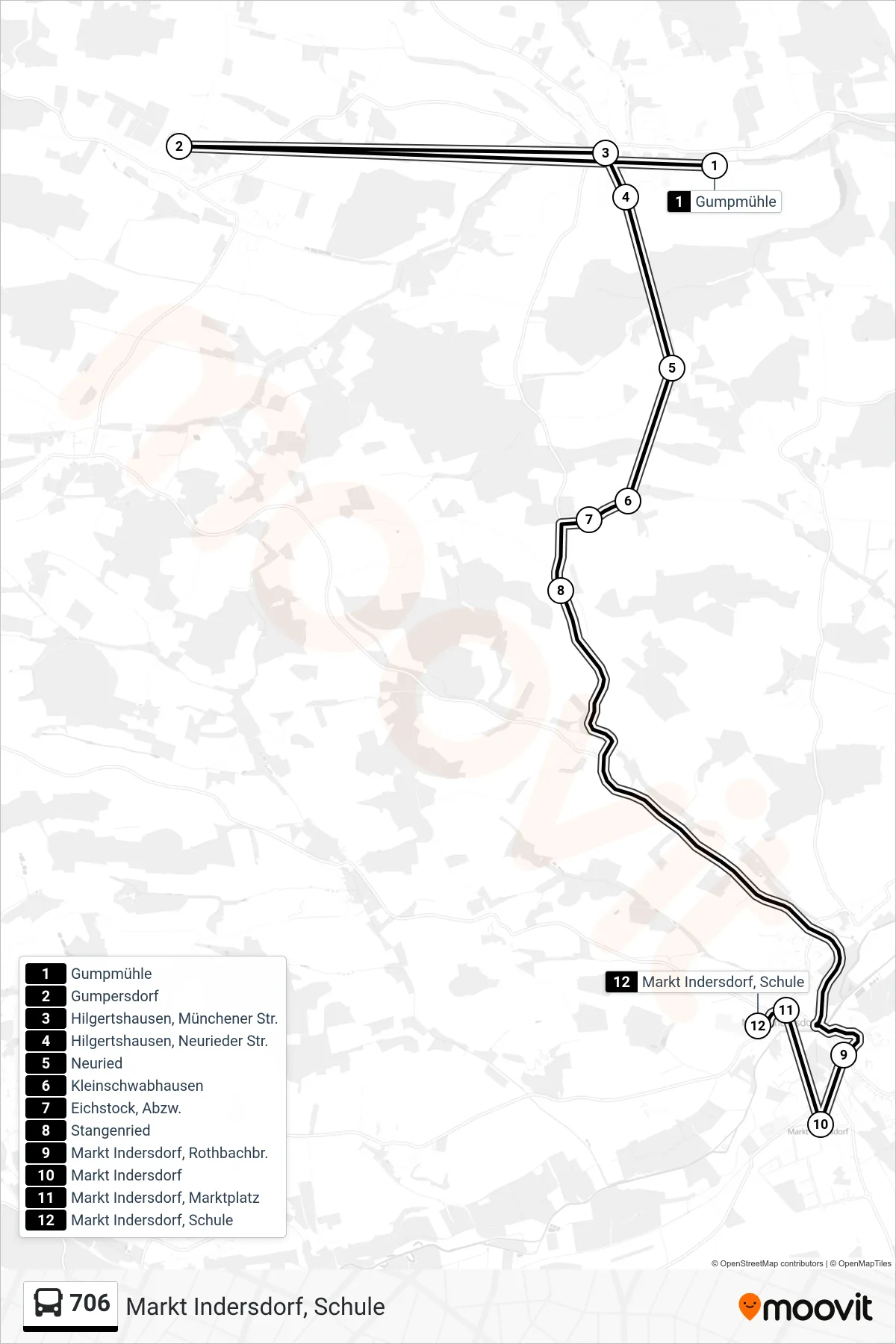 Linie 706 (Bus) Richtung Markt Indersdorf, Schule: Route und Haltestellen auf der Karte