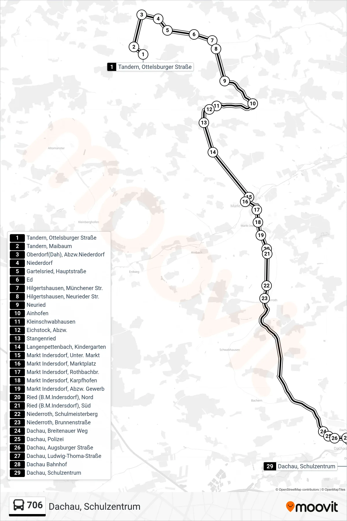 706 bus Line (Dachau, Schulzentrum) route and stops on a map