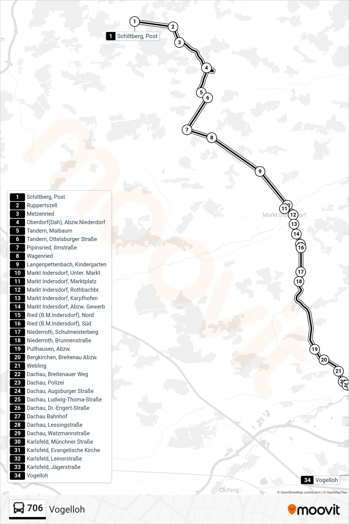 706 bus Line (Vogelloh) route and stops on a map