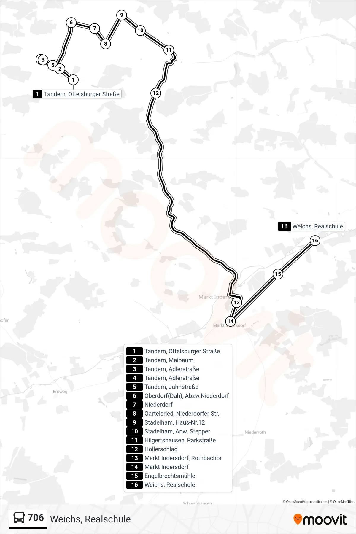 706 bus Line (Weichs, Realschule) route and stops on a map