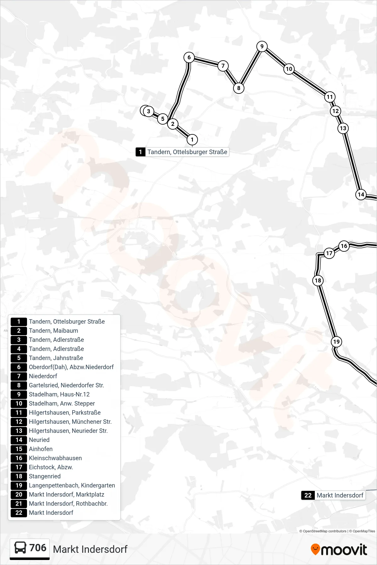706 bus Line (Markt Indersdorf) route and stops on a map