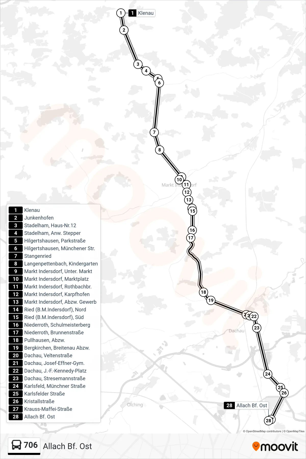 706 bus Line (Allach Bf. Ost) route and stops on a map