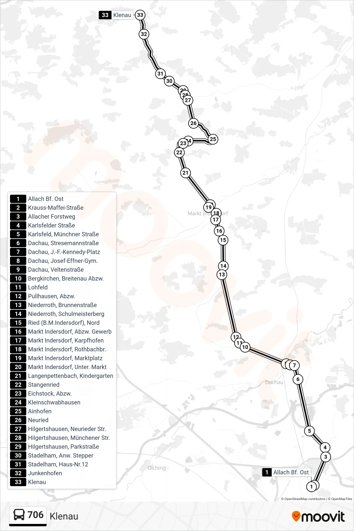 Linie 706 (Bus) Richtung Klenau: Route und Haltestellen auf der Karte