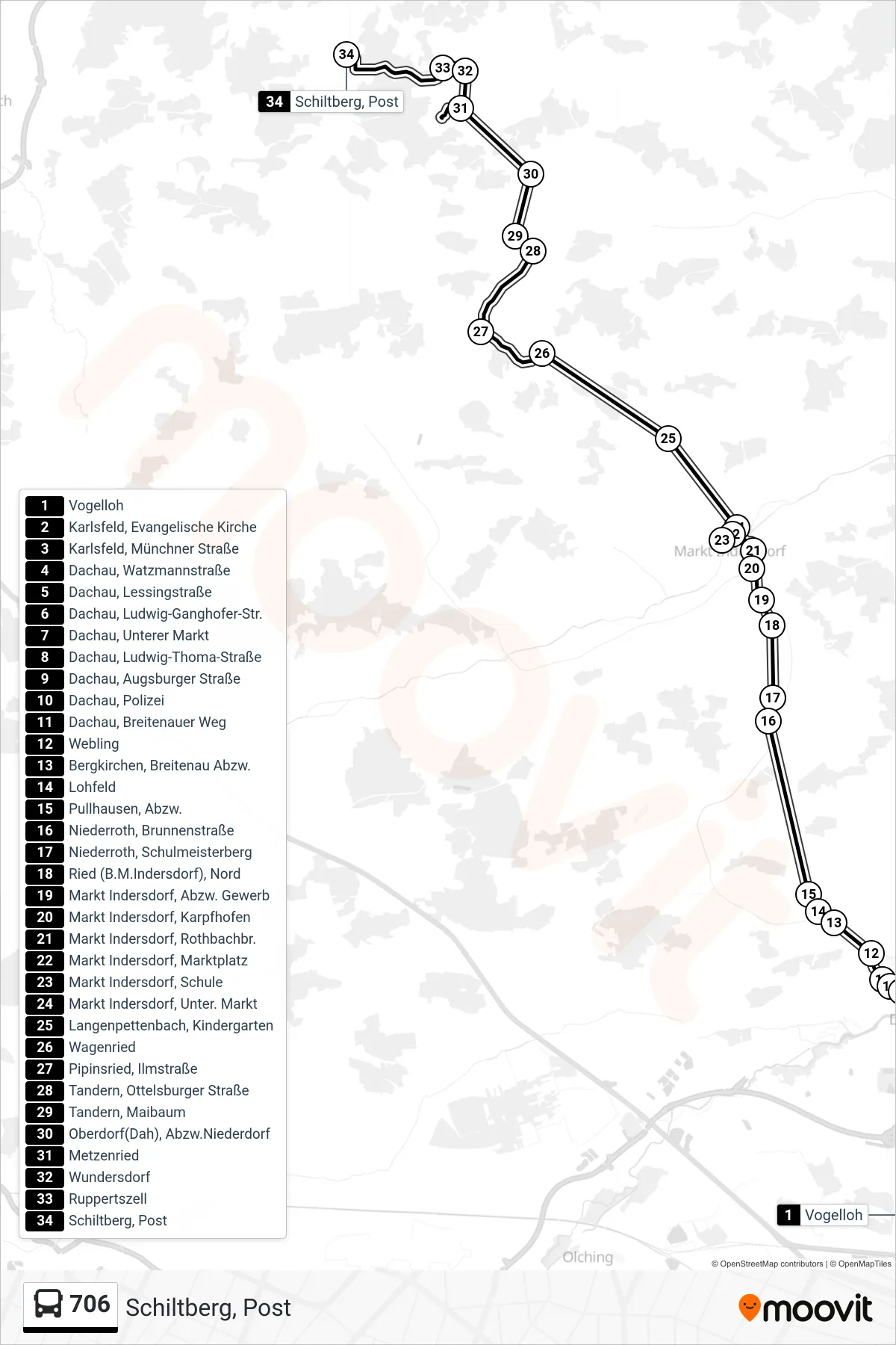 Linie 706 (Bus) Richtung Schiltberg, Post: Route und Haltestellen auf der Karte