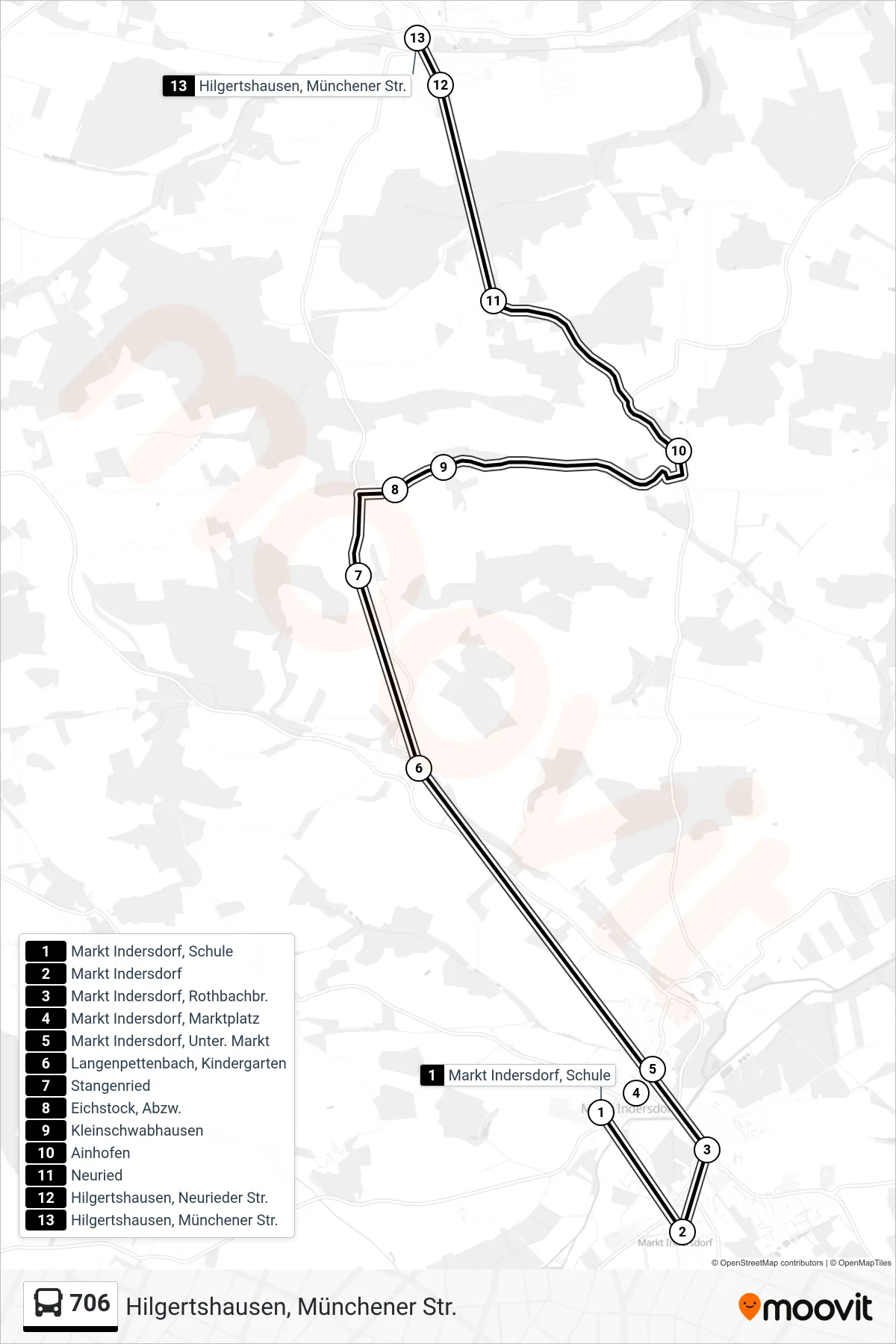 Linie 706 (Bus) Richtung Hilgertshausen, Münchener Str.: Route und Haltestellen auf der Karte