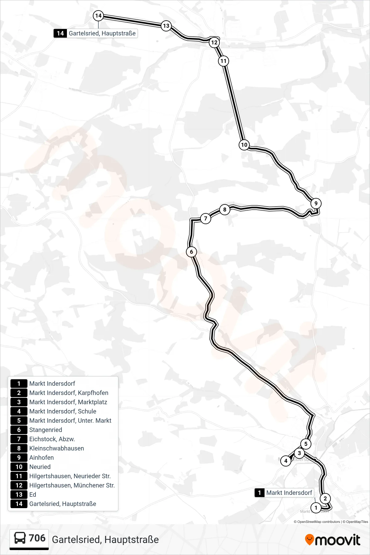 706 bus Line (Gartelsried, Hauptstraße) route and stops on a map
