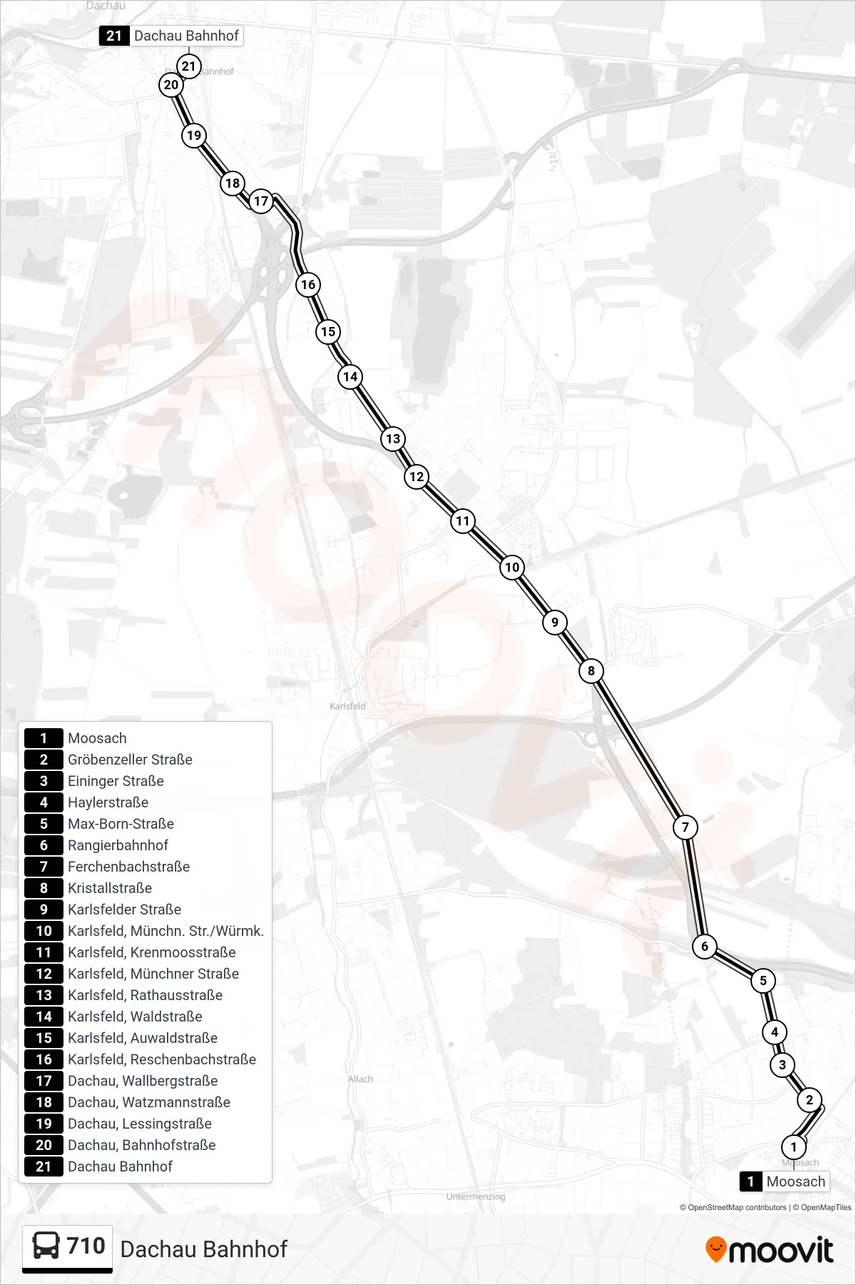 Linie 710 (Bus) Richtung Dachau Bahnhof: Route und Haltestellen auf der Karte