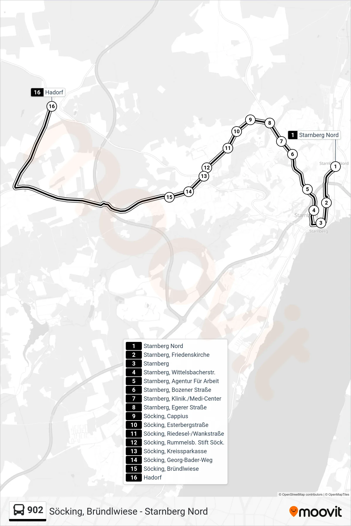 902 bus Line (Hadorf) route and stops on a map