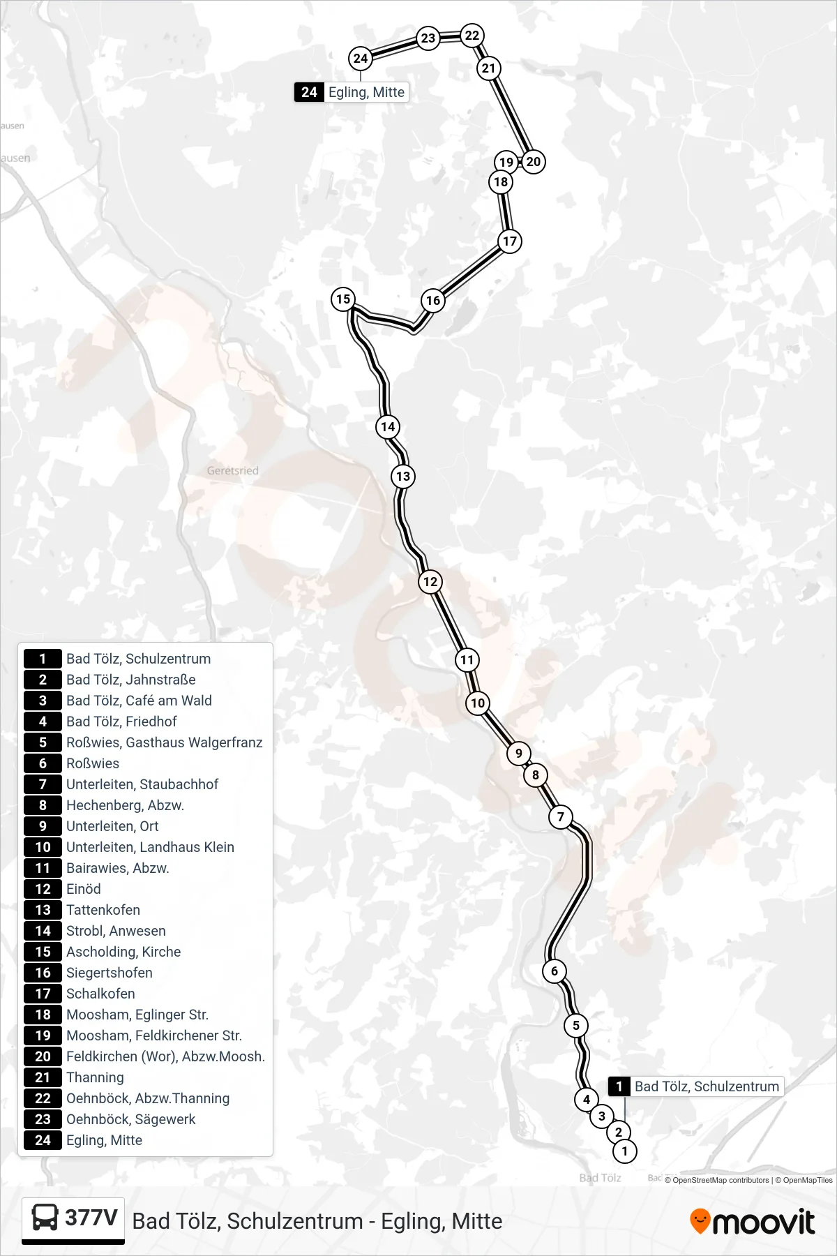 377V bus Line (Egling, Mitte) route and stops on a map