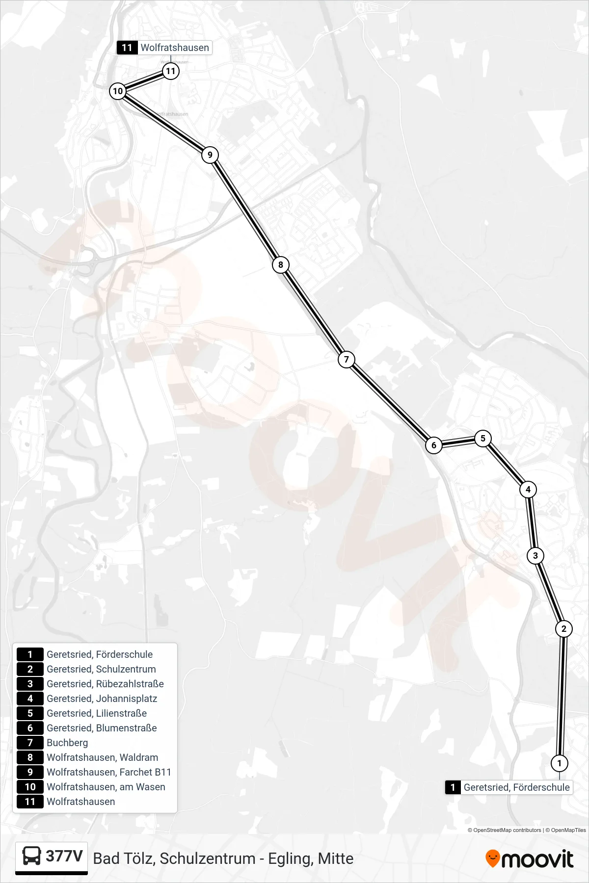 377V bus Line (Wolfratshausen) route and stops on a map