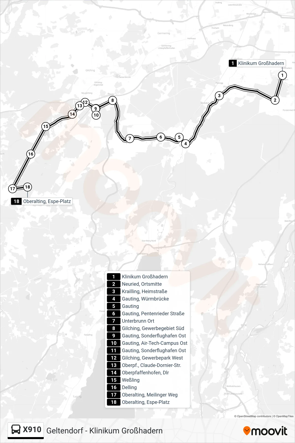 Linie X910 (Bus) Richtung Oberalting, Espe-Platz: Route und Haltestellen auf der Karte