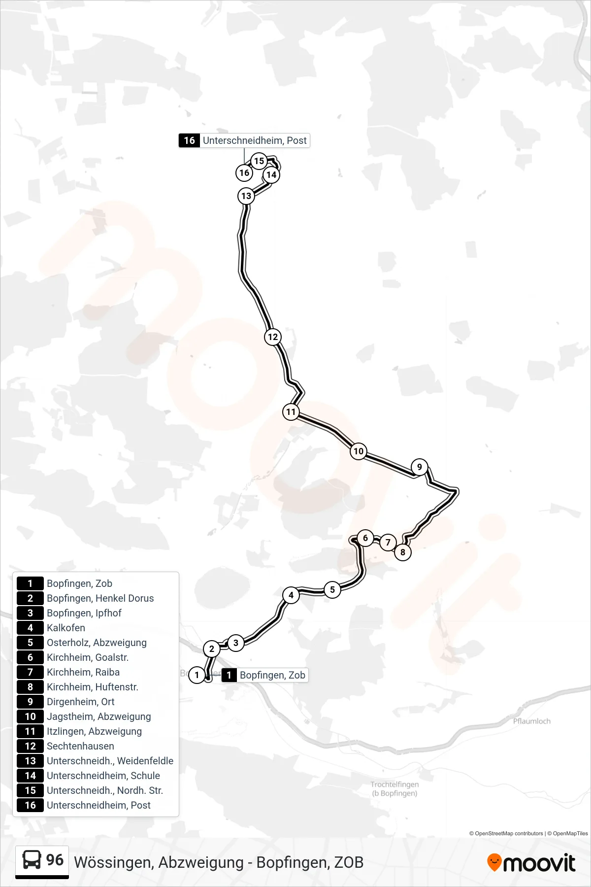Linie 96 (Bus) Richtung Unterschneidheim - Kirchheim: Route und Haltestellen auf der Karte