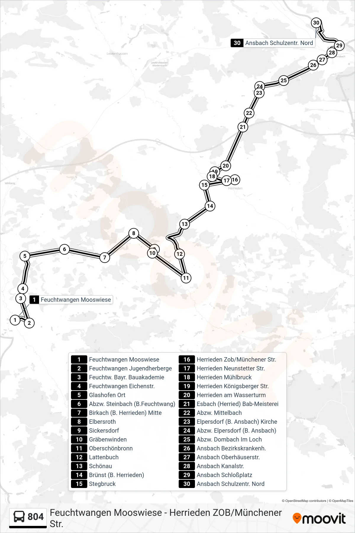 Linie 804 (Bus) Richtung Ansbach Schulzentr. Nord: Route und Haltestellen auf der Karte