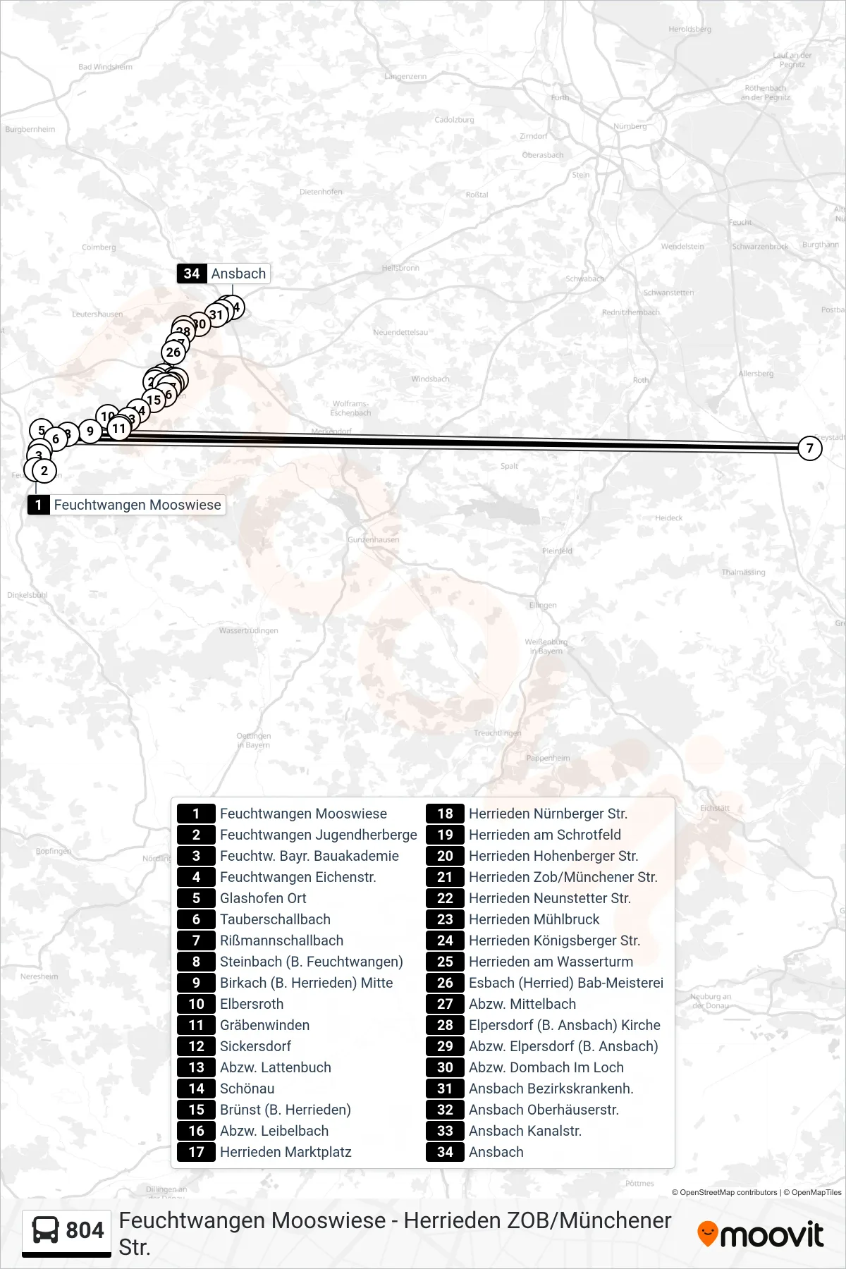 804 bus Line (Ansbach) route and stops on a map