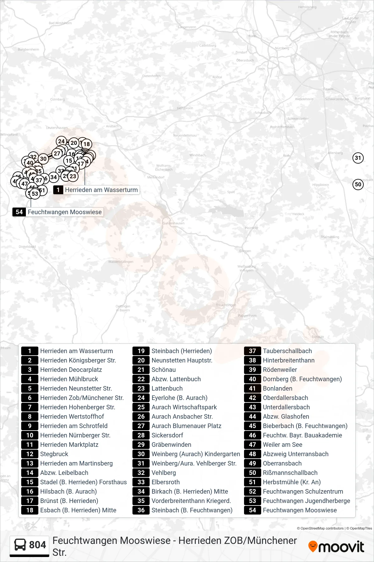 804 bus Line (Feuchtwangen Mooswiese) route and stops on a map