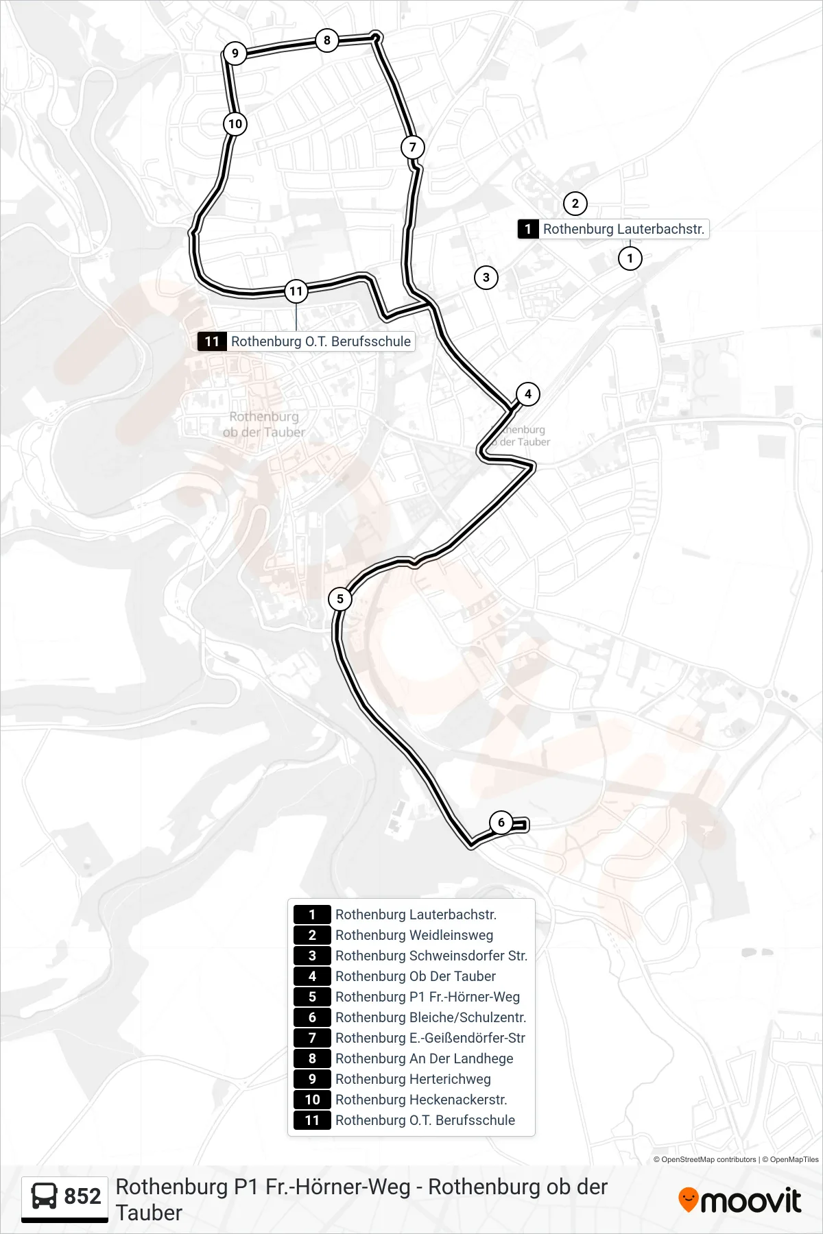 852 bus Line (Stadtbus Rothenburg (Schülerverkehr)) route and stops on a map