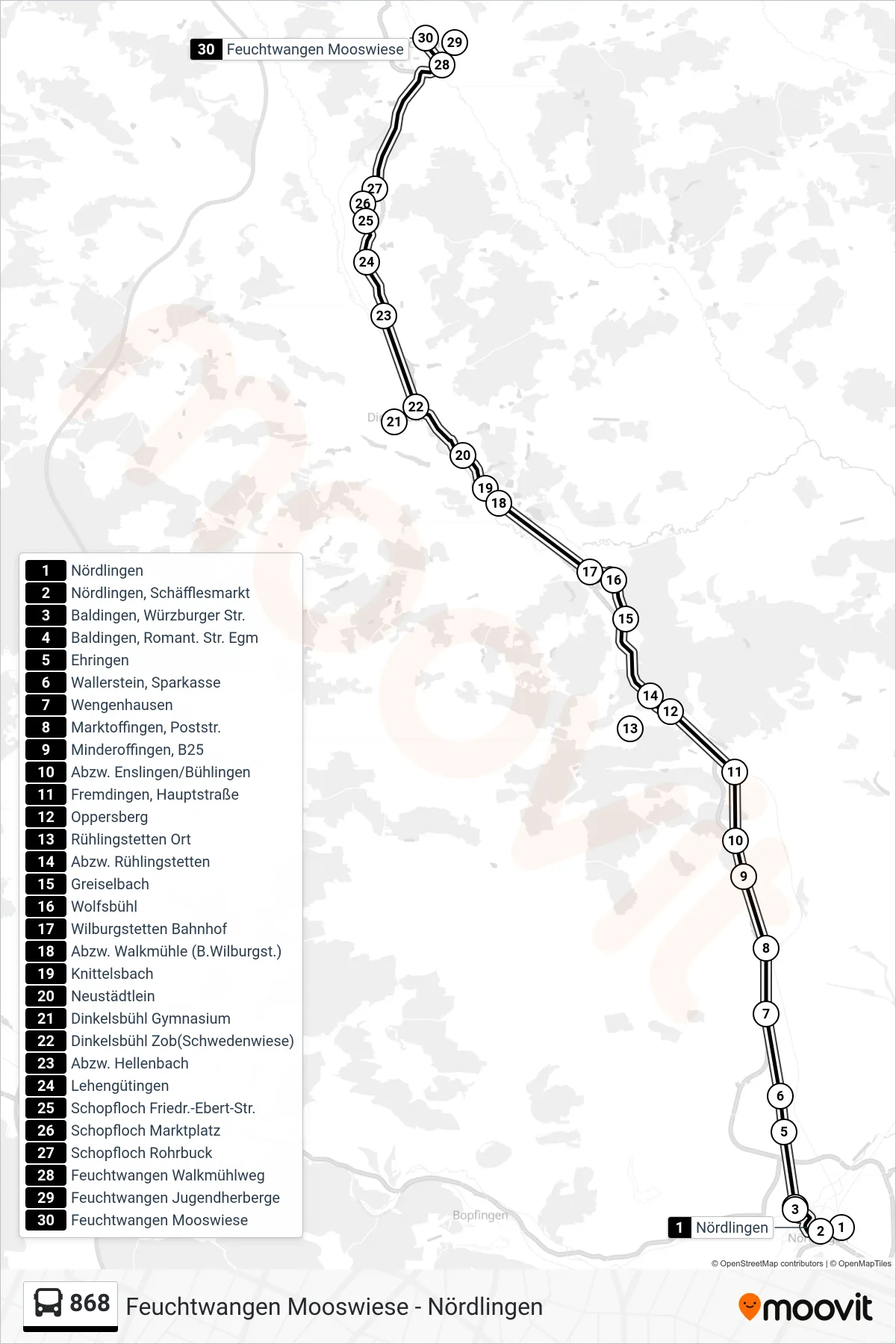 868 bus Line (Feuchtwangen Mooswiese) route and stops on a map