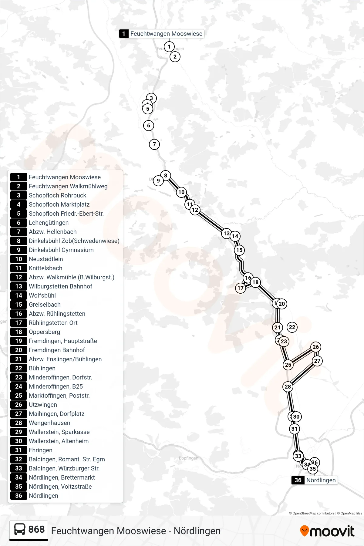 868 bus Line (Nördlingen) route and stops on a map