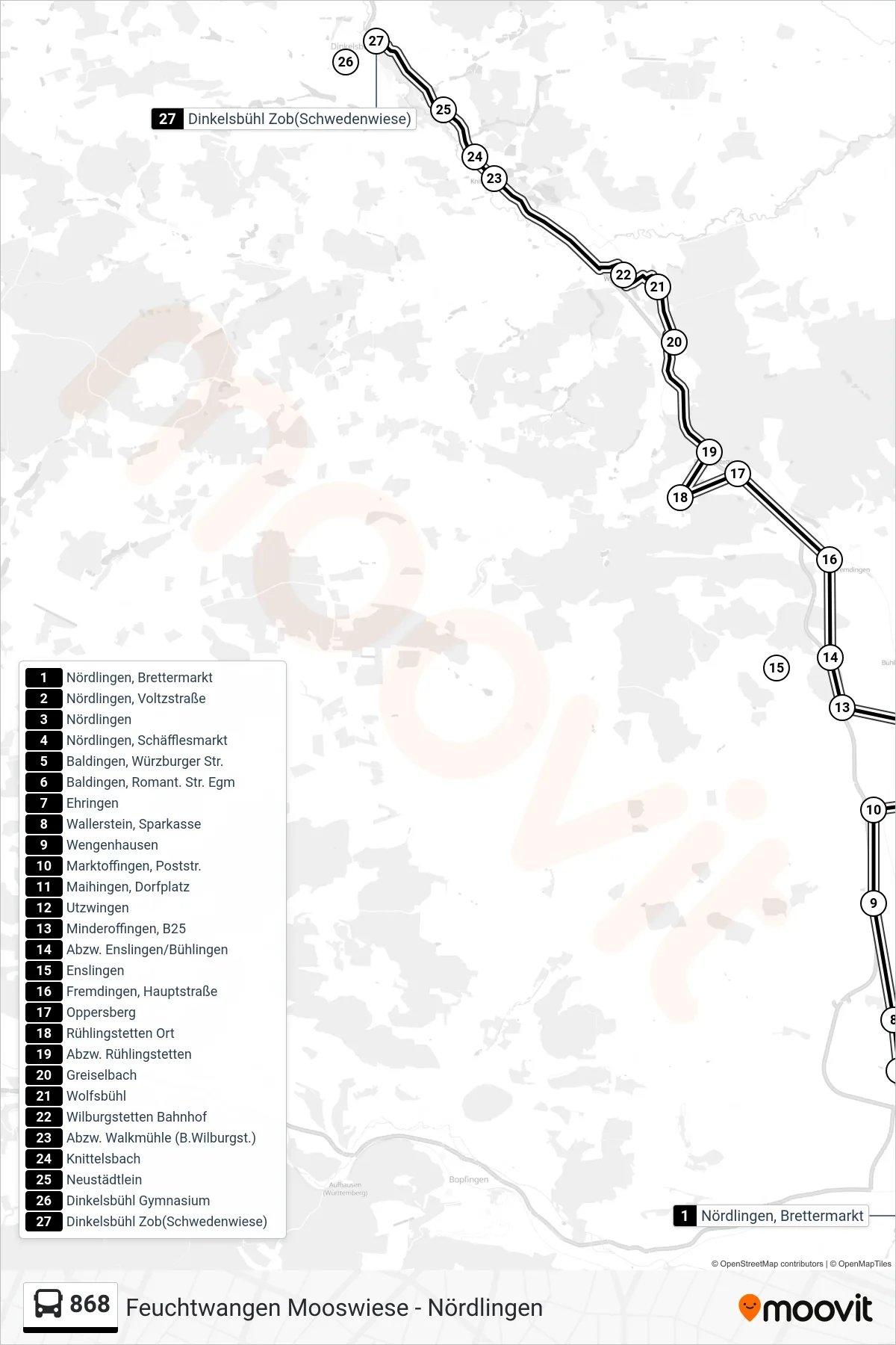 868 bus Line (Dinkelsbühl Zob(Schwedenwiese)) route and stops on a map