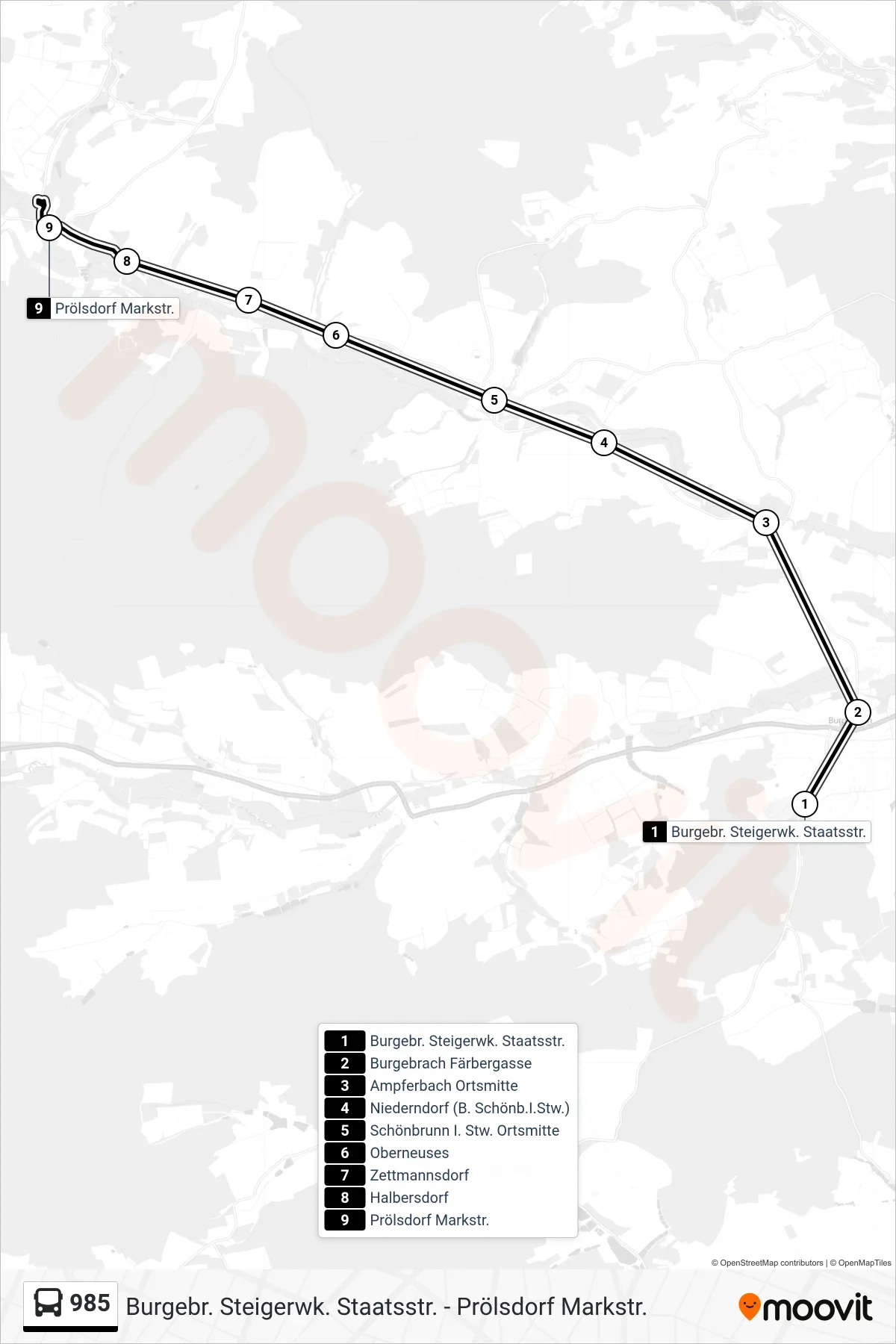 985 bus Line (Prölsdorf Markstr.) route and stops on a map