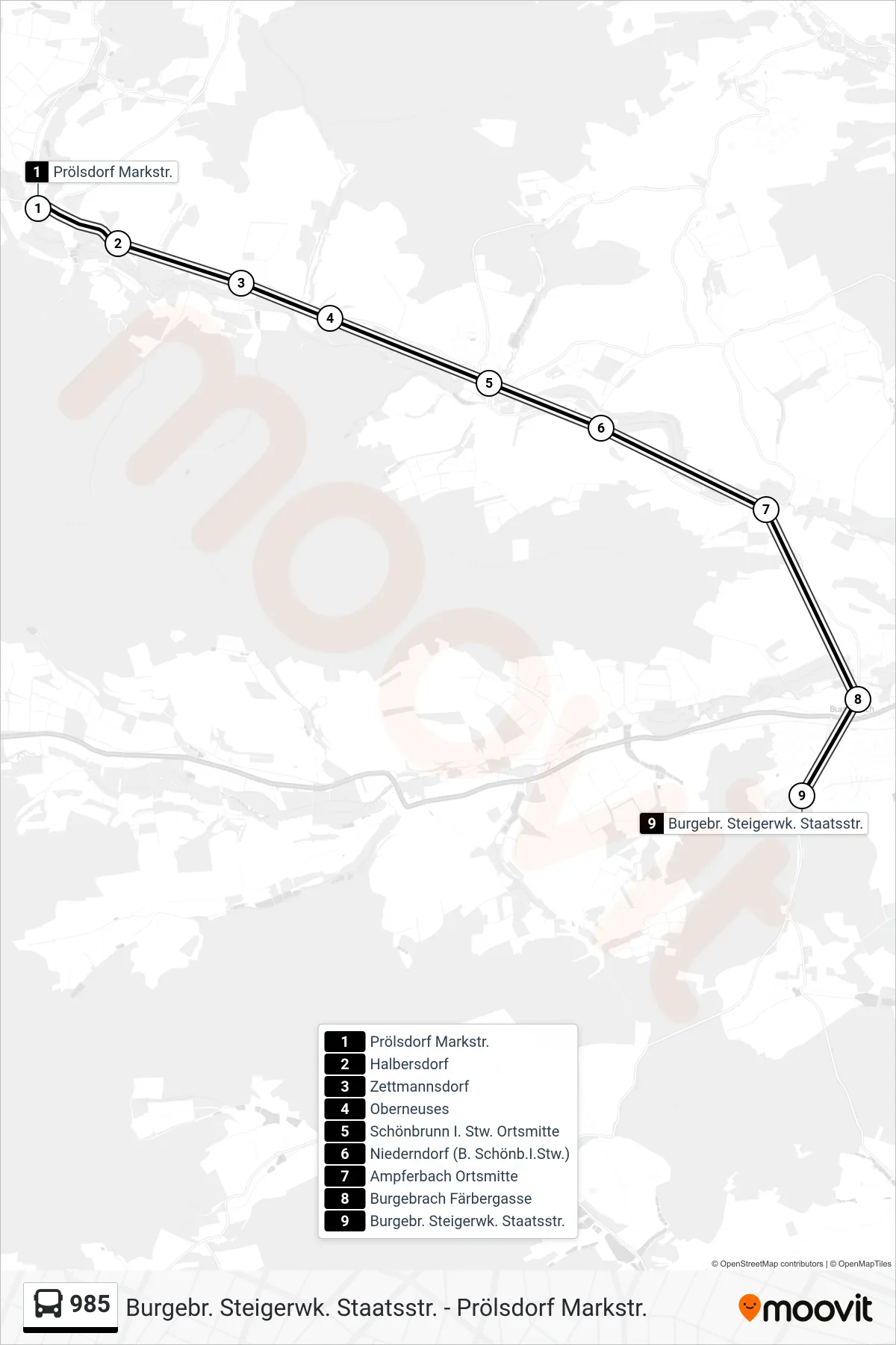 Linie 985 (Bus) Richtung Burgebr. Steigerwk. Staatsstr.: Route und Haltestellen auf der Karte