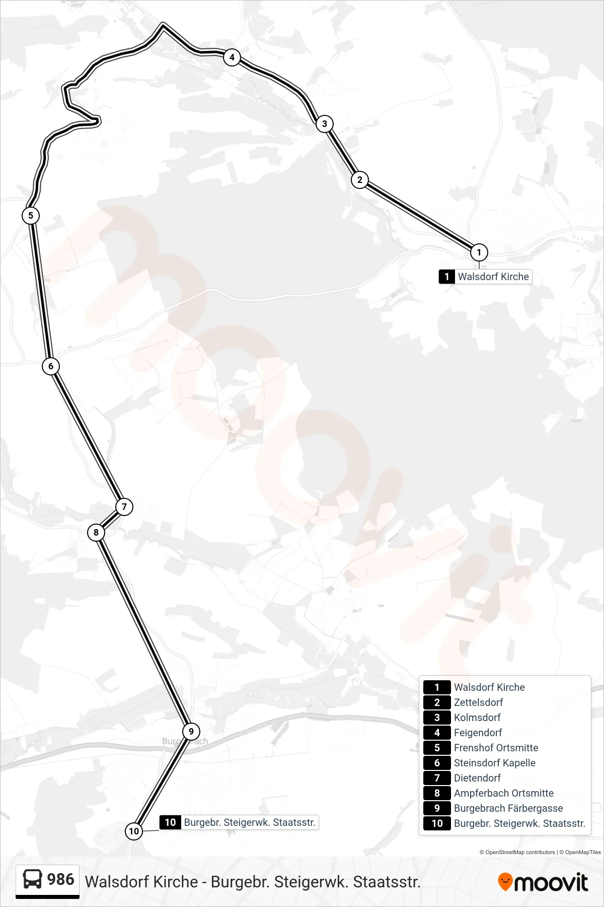 Linie 986 (Bus) Richtung Burgebr. Steigerwk. Staatsstr.: Route und Haltestellen auf der Karte