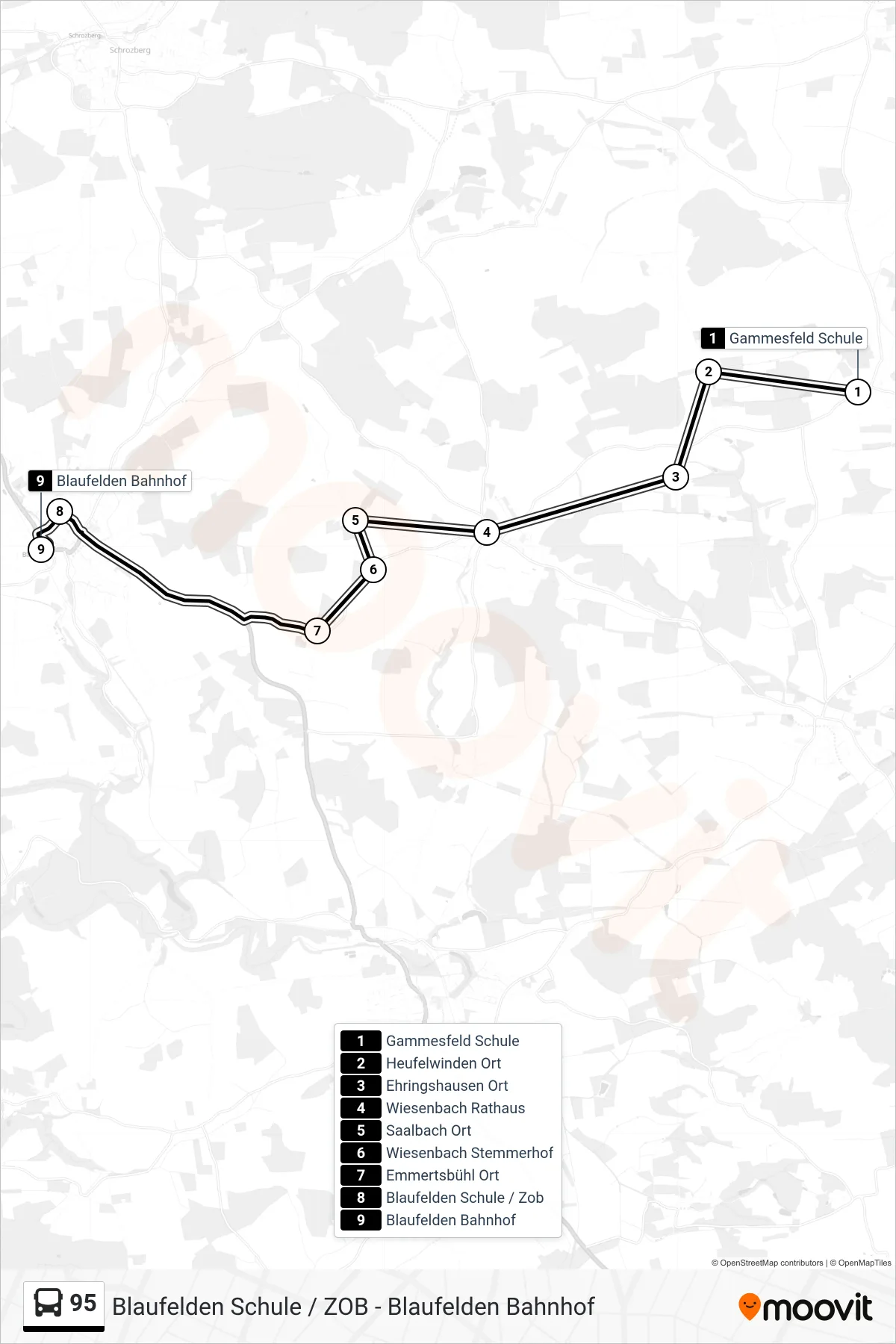 95 bus Line (Blaufelden Bahnhof) route and stops on a map