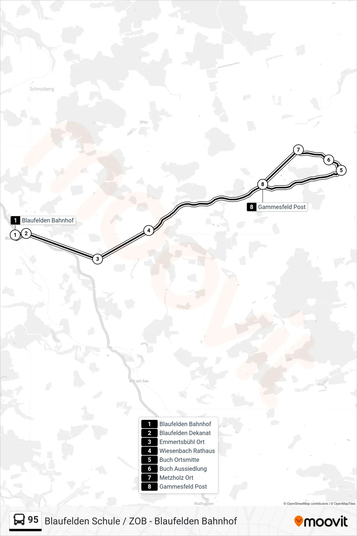 95 bus Line (Gammesfeld Post) route and stops on a map