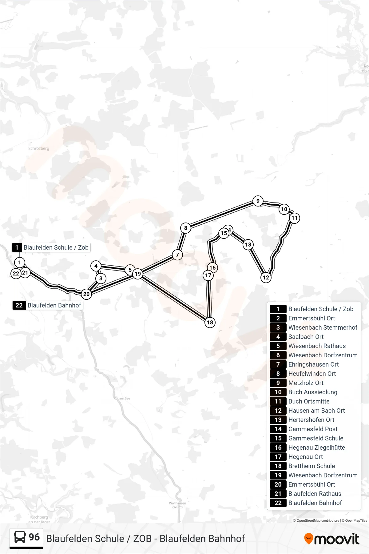 96 bus Line (Blaufelden Bahnhof) route and stops on a map