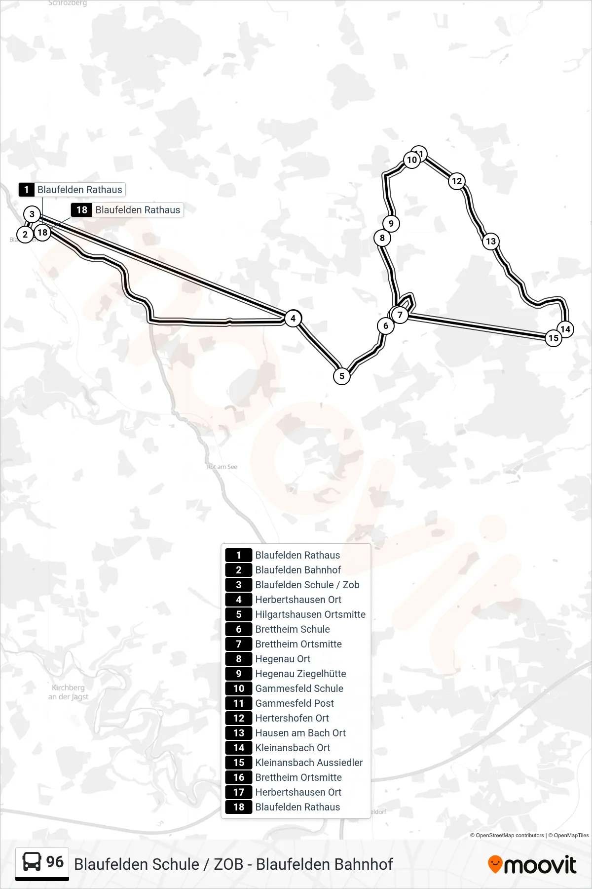 96 bus Line (Blaufelden Rathaus) route and stops on a map