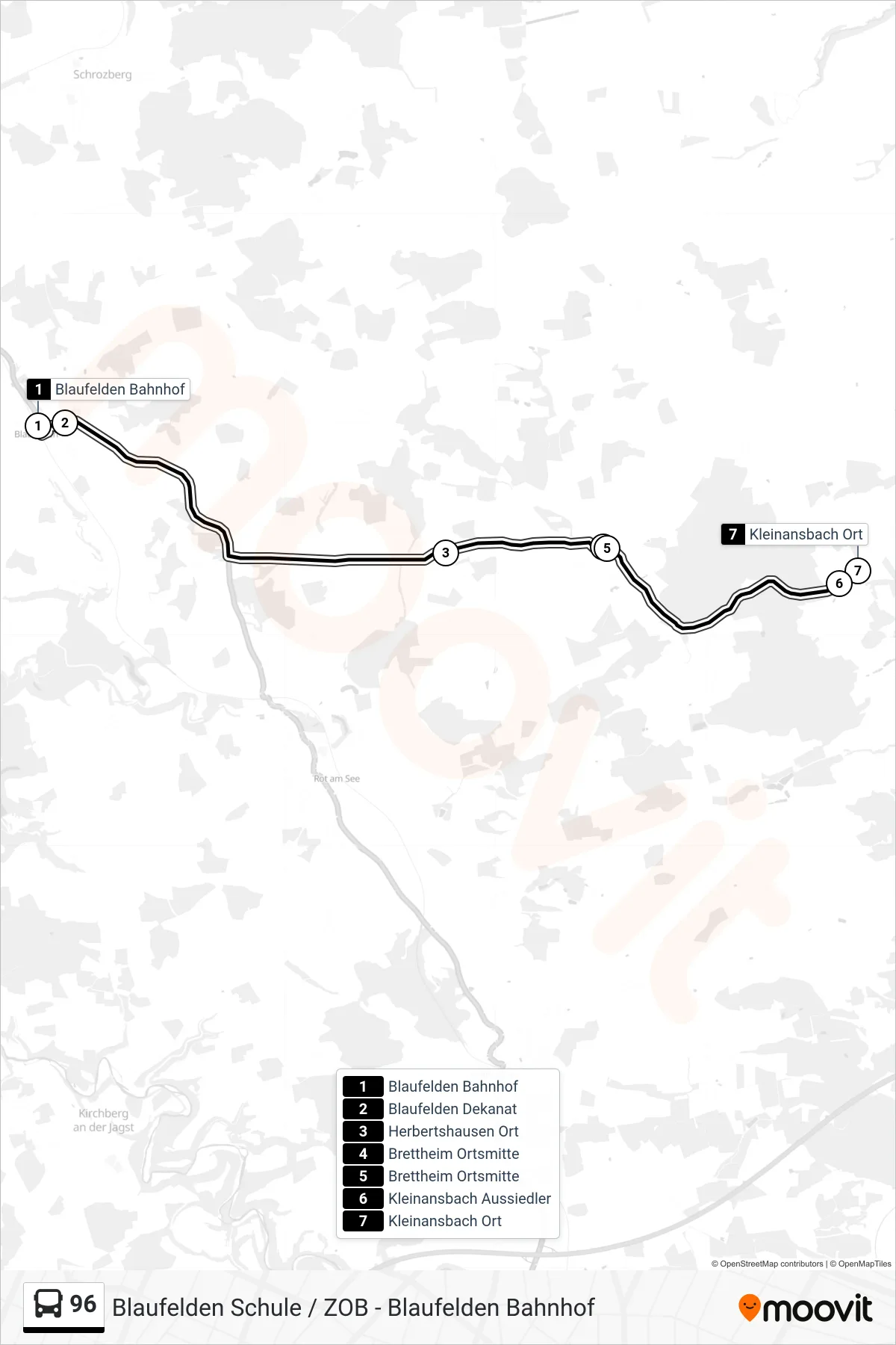 96 bus Line (Kleinansbach Ort) route and stops on a map