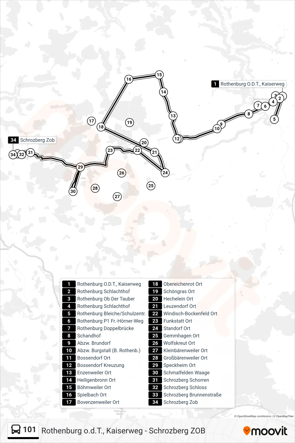 101 bus Line (Schrozberg Zob) route and stops on a map