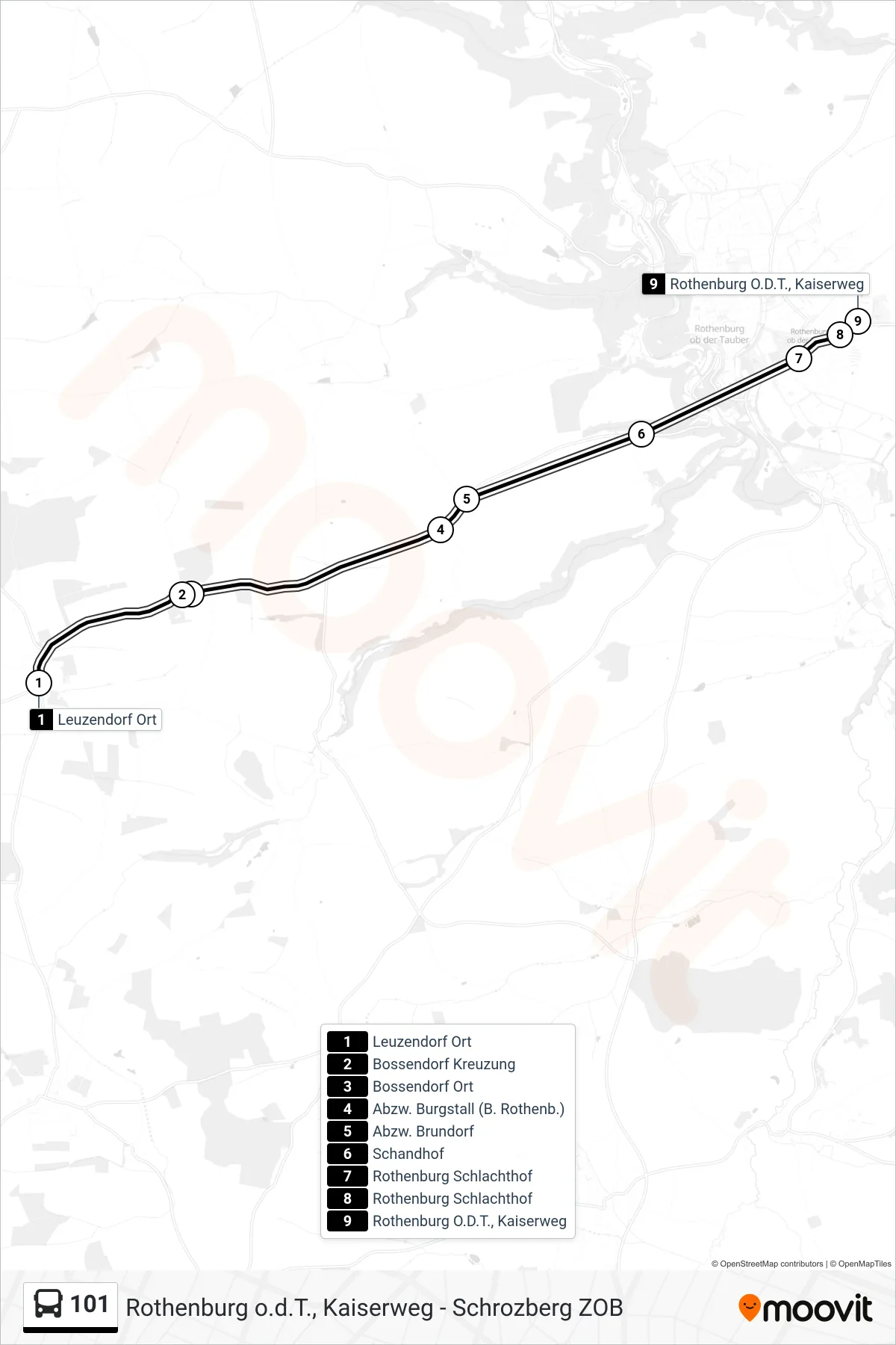 Linie 101 (Bus) Richtung Rothenburg O.D.T., Kaiserweg: Route und Haltestellen auf der Karte