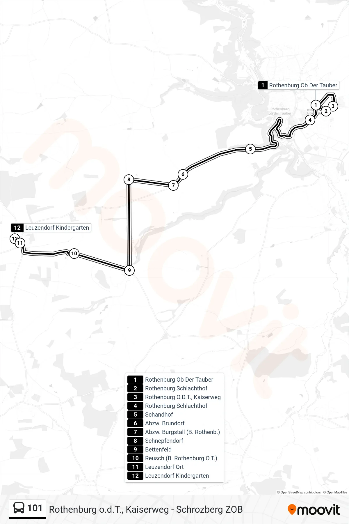 101 bus Line (Leuzendorf Kindergarten) route and stops on a map